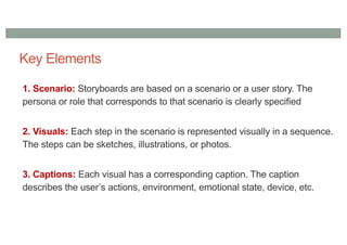 Key Elements
1. Scenario: Storyboards are based on a scenario or a user story. The
persona or role that corresponds to that scenario is clearly specified
2. Visuals: Each step in the scenario is represented visually in a sequence.
The steps can be sketches, illustrations, or photos.
3. Captions: Each visual has a corresponding caption. The caption
describes the user’s actions, environment, emotional state, device, etc.
 