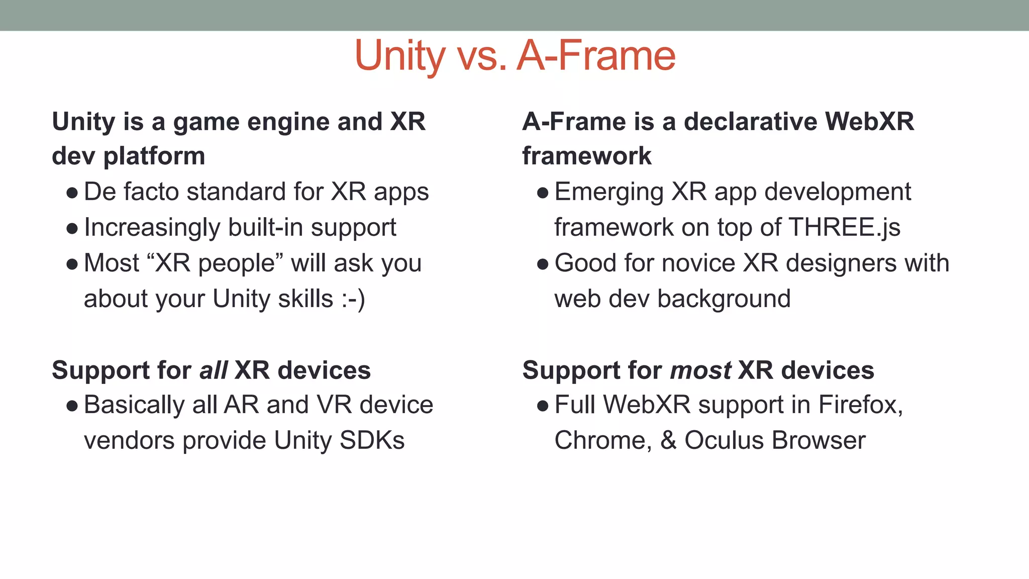 Unity vs. A-Frame
Unity is a game engine and XR
dev platform
●De facto standard for XR apps
●Increasingly built-in support
●Most “XR people” will ask you
about your Unity skills :-)
Support for all XR devices
●Basically all AR and VR device
vendors provide Unity SDKs
A-Frame is a declarative WebXR
framework
●Emerging XR app development
framework on top of THREE.js
●Good for novice XR designers with
web dev background
Support for most XR devices
●Full WebXR support in Firefox,
Chrome, & Oculus Browser
 