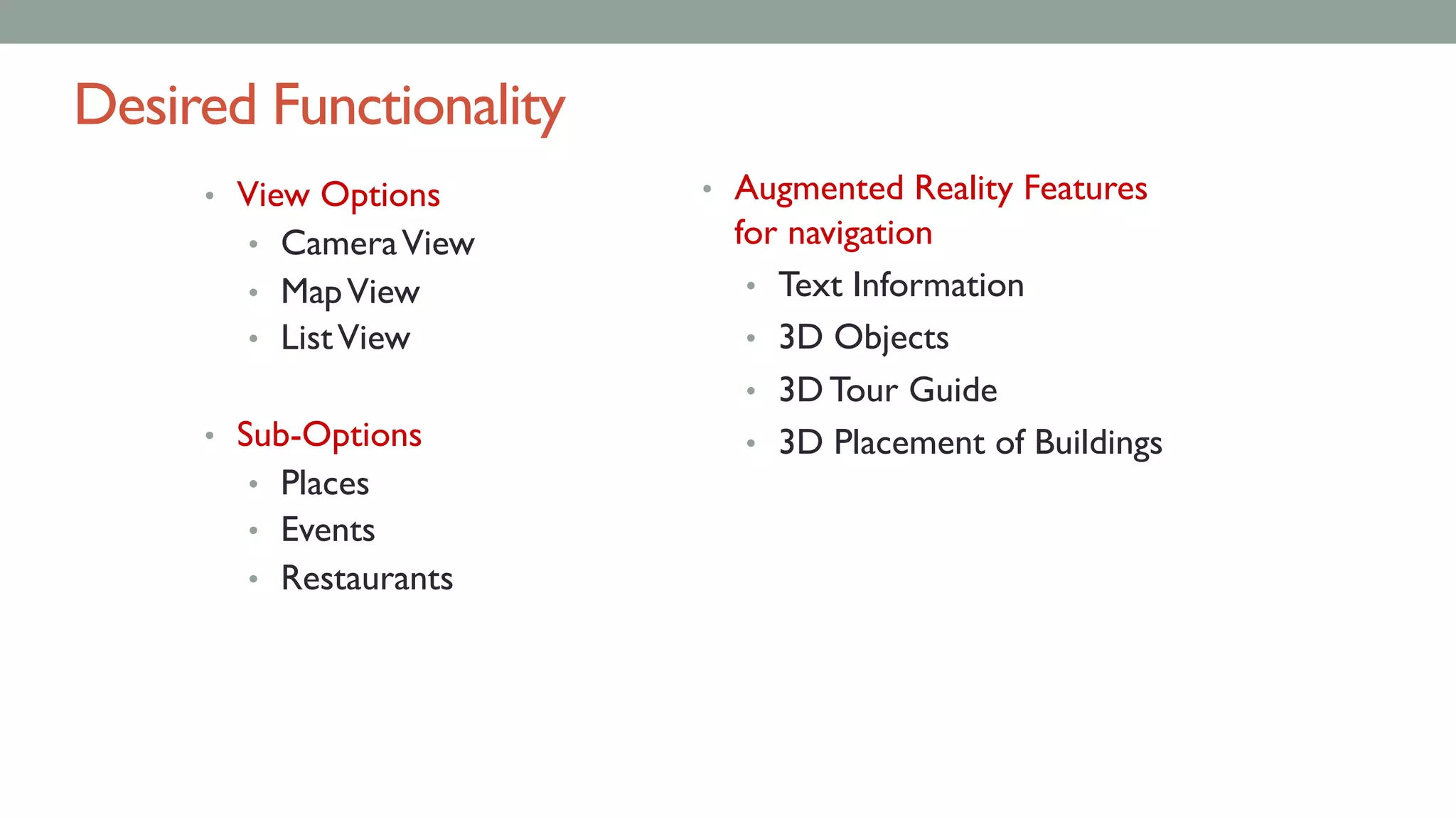 Desired Functionality
• View Options
• CameraView
• MapView
• ListView
• Sub-Options
• Places
• Events
• Restaurants
• Augmented Reality Features
for navigation
• Text Information
• 3D Objects
• 3D Tour Guide
• 3D Placement of Buildings
 
