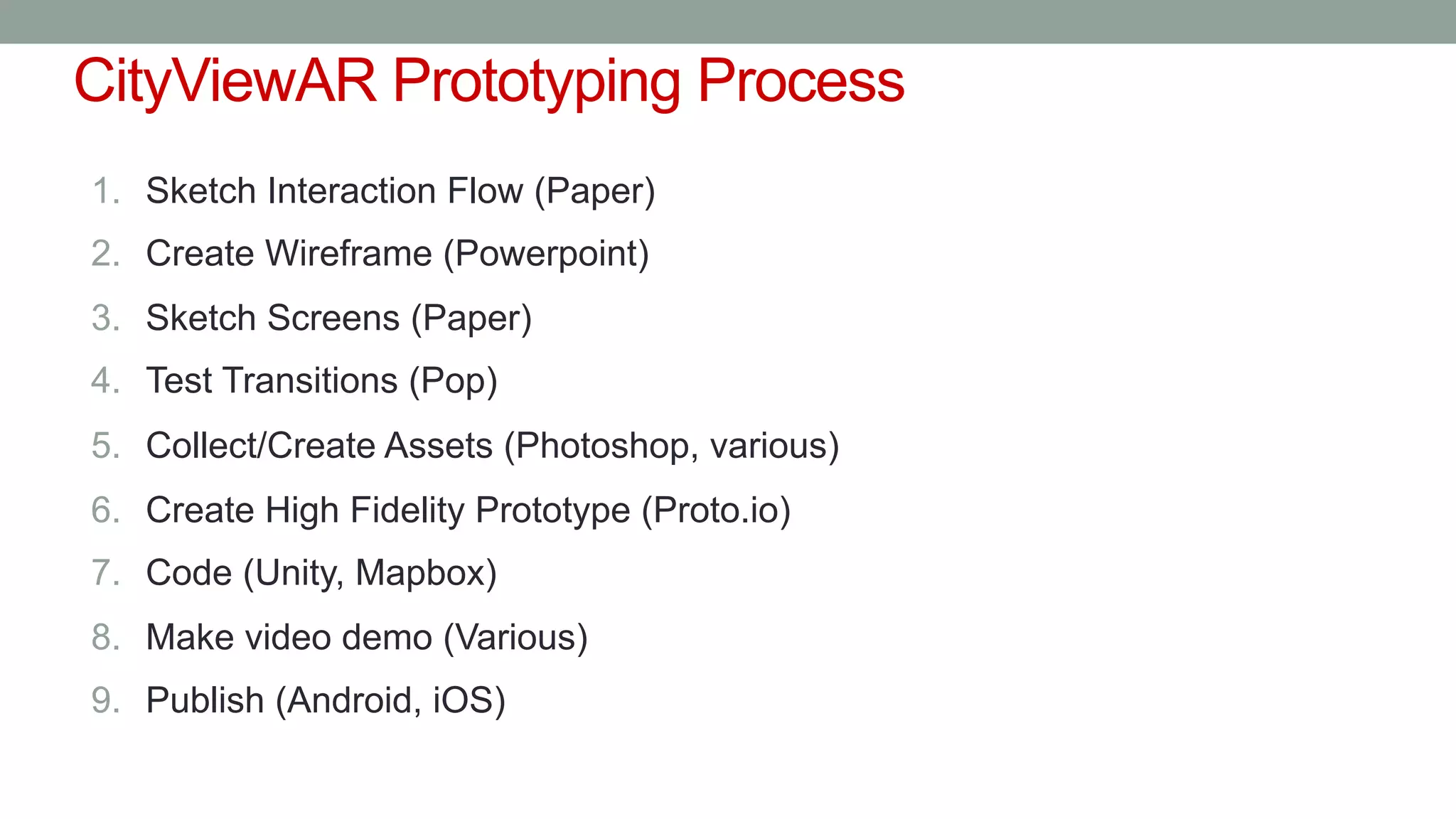 CityViewAR Prototyping Process
1. Sketch Interaction Flow (Paper)
2. Create Wireframe (Powerpoint)
3. Sketch Screens (Paper)
4. Test Transitions (Pop)
5. Collect/Create Assets (Photoshop, various)
6. Create High Fidelity Prototype (Proto.io)
7. Code (Unity, Mapbox)
8. Make video demo (Various)
9. Publish (Android, iOS)
 