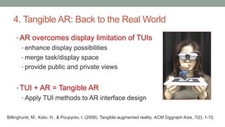 4. Tangible AR: Back to the Real World
• AR overcomes display limitation of TUIs
• enhance display possibilities
• merge task/display space
• provide public and private views
• TUI + AR = Tangible AR
• Apply TUI methods to AR interface design
Billinghurst, M., Kato, H., & Poupyrev, I. (2008). Tangible augmented reality. ACM Siggraph Asia, 7(2), 1-10.
 