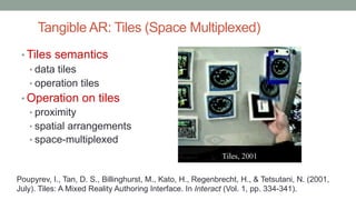 Tangible AR: Tiles (Space Multiplexed)
• Tiles semantics
• data tiles
• operation tiles
• Operation on tiles
• proximity
• spatial arrangements
• space-multiplexed
Poupyrev, I., Tan, D. S., Billinghurst, M., Kato, H., Regenbrecht, H., & Tetsutani, N. (2001,
July). Tiles: A Mixed Reality Authoring Interface. In Interact (Vol. 1, pp. 334-341).
 