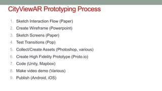 CityViewAR Prototyping Process
1. Sketch Interaction Flow (Paper)
2. Create Wireframe (Powerpoint)
3. Sketch Screens (Paper)
4. Test Transitions (Pop)
5. Collect/Create Assets (Photoshop, various)
6. Create High Fidelity Prototype (Proto.io)
7. Code (Unity, Mapbox)
8. Make video demo (Various)
9. Publish (Android, iOS)
 