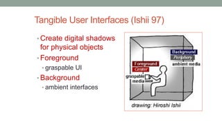 Tangible User Interfaces (Ishii 97)
• Create digital shadows
for physical objects
• Foreground
• graspable UI
• Background
• ambient interfaces
 