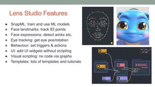 Lens Studio Features
● SnapML: train and use ML models
● Face landmarks: track 93 points
● Face expressions: detect winks etc.
● Eye tracking: get eye pos/rotation
● Behaviour: set triggers & actions
● UI: add UI widgets without scripting
● Visual scripting: no code via graphs
● Templates: lots of templates and tutorials
 