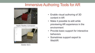 Immersive Authoring Tools for AR
• Enable visual authoring of 3D
content in AR
• Make it possible to edit while
previewing AR experience in the
environment
• Provide basic support for interactive
behaviors
• Sometimes support export to
WebXR
Apple Reality Composer
Adobe Aero
 