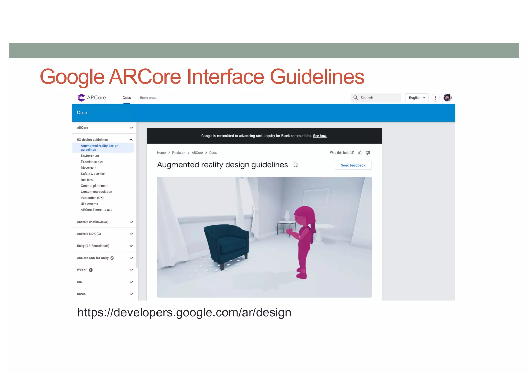 Google ARCore Interface Guidelines
https://developers.google.com/ar/design
 
