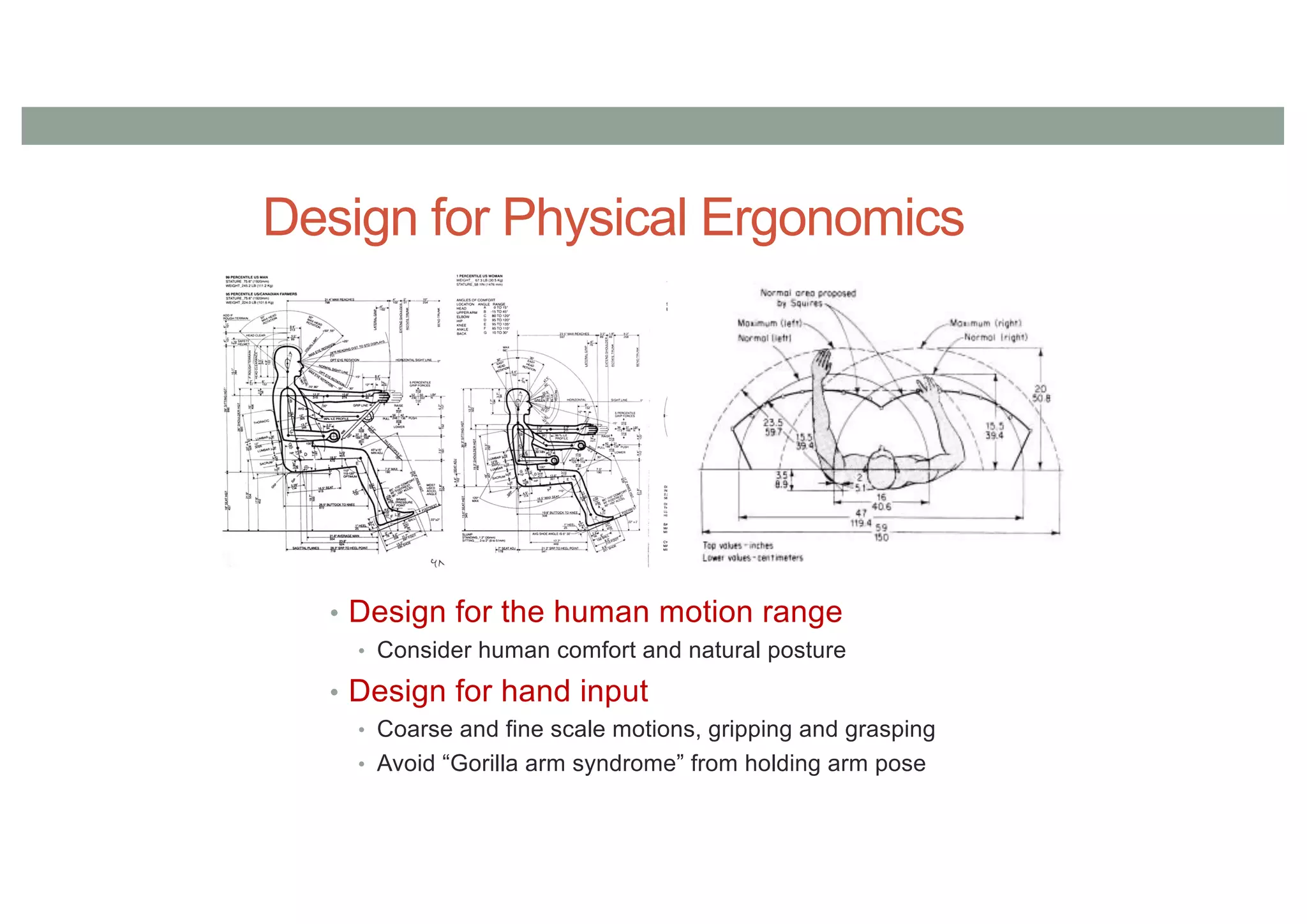 Design for Physical Ergonomics
• Design for the human motion range
• Consider human comfort and natural posture
• Design for hand input
• Coarse and fine scale motions, gripping and grasping
• Avoid “Gorilla arm syndrome” from holding arm pose
 