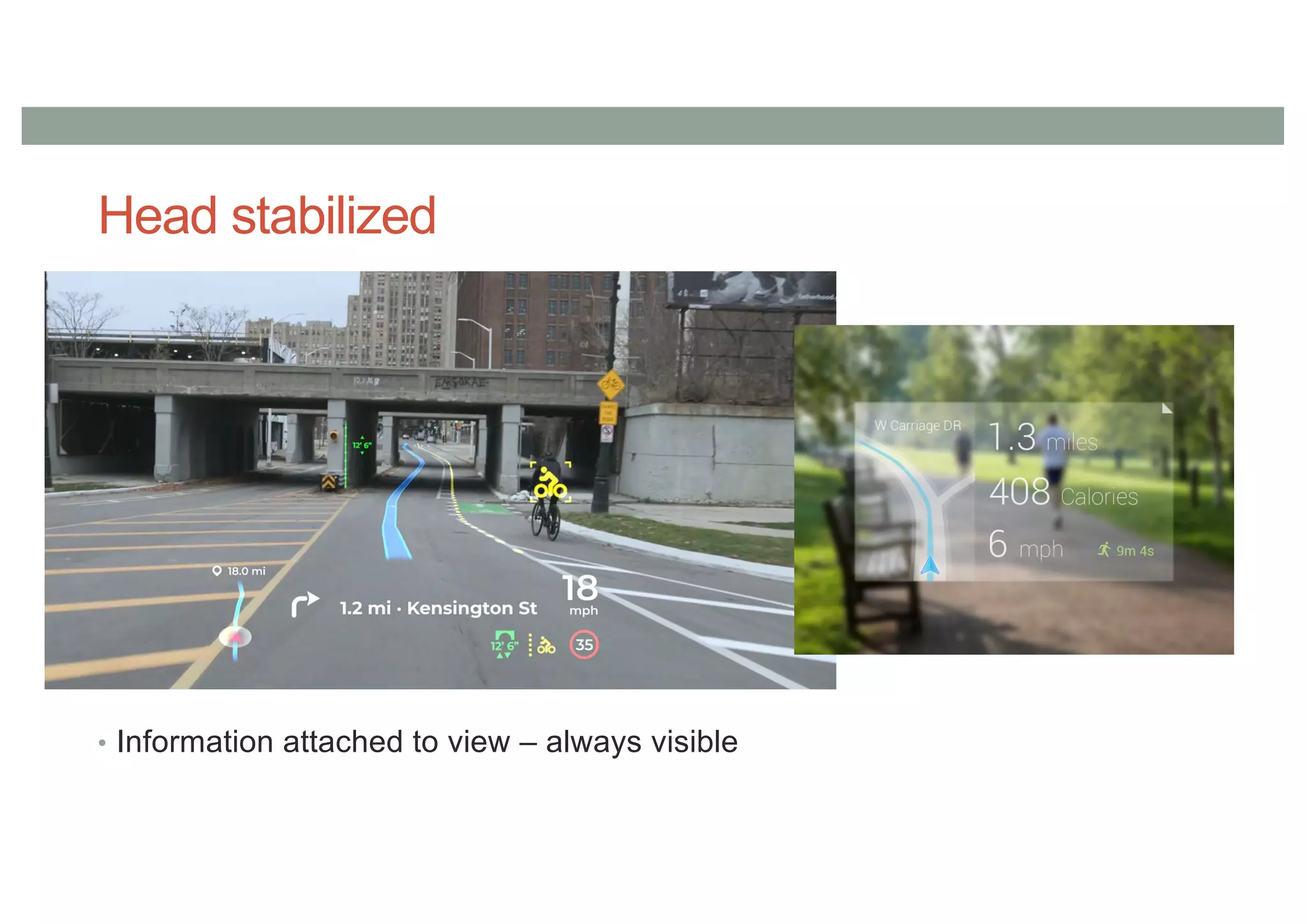 Head stabilized
• Information attached to view – always visible
 