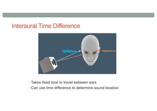 Interaural Time Difference
• Takes fixed time to travel between ears
• Can use time difference to determine sound location
 