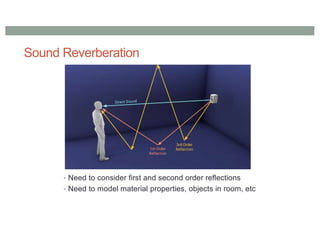 Sound Reverberation
• Need to consider first and second order reflections
• Need to model material properties, objects in room, etc
 