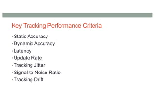 Key Tracking Performance Criteria
• Static Accuracy
• Dynamic Accuracy
• Latency
• Update Rate
• Tracking Jitter
• Signal to Noise Ratio
• Tracking Drift
 