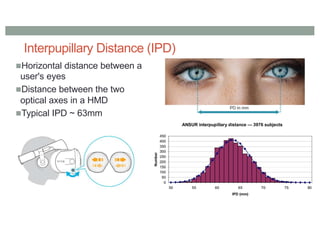 Interpupillary Distance (IPD)
nHorizontal distance between a
user's eyes
nDistance between the two
optical axes in a HMD
nTypical IPD ~ 63mm
 