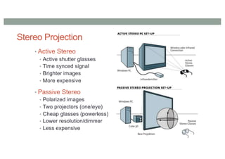 Stereo Projection
• Active Stereo
• Active shutter glasses
• Time synced signal
• Brighter images
• More expensive
• Passive Stereo
• Polarized images
• Two projectors (one/eye)
• Cheap glasses (powerless)
• Lower resolution/dimmer
• Less expensive
 