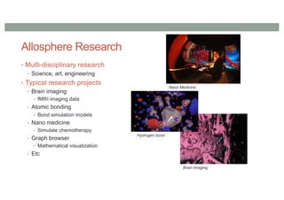 Allosphere Research
• Multi-disciplinary research
• Science, art, engineering
• Typical research projects
• Brain imaging
• fMRI imaging data
• Atomic bonding
• Bond simulation models
• Nano medicine
• Simulate chemotherapy
• Graph browser
• Mathematical visualization
• Etc
Brain Imaging
Hydrogen bond
Nano Medicine
 