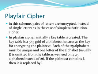 Playfair Cipher
 Using these rules, the result of the encryption of ‘hide
money’ with the key of ‘tutorials’ would be −
...