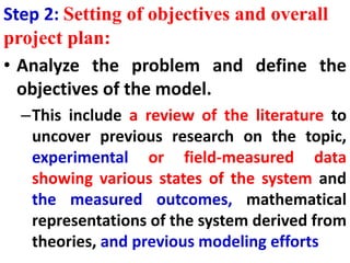 Step 2: Setting of objectives and overall
project plan:
• Analyze the problem and define the
objectives of the model.
–This include a review of the literature to
uncover previous research on the topic,
experimental or field-measured data
showing various states of the system and
the measured outcomes, mathematical
representations of the system derived from
theories, and previous modeling efforts
 