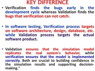 KEY DIFFERENCE
• Verification finds the bugs early in the
development cycle whereas Validation finds the
bugs that verification can not catch.
• In software testing, Verification process targets
on software architecture, design, database, etc.
while Validation process targets the actual
software product.
• Validation ensures that the simulation model
replicates the real system's behavior, while
verification ensures that the model is implemented
correctly. Both are crucial to building confidence in
the simulation results and supporting decision-
making."
 