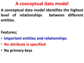 A conceptual data model
A conceptual data model identifies the highest
level of relationships between different
entities.
Features;
• Important entities and relationships
• No attribute is specified
• No primary keys
 