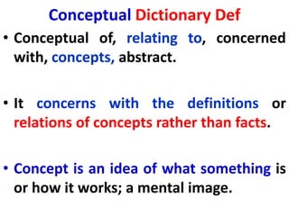 Conceptual Dictionary Def
• Conceptual of, relating to, concerned
with, concepts, abstract.
• It concerns with the definitions or
relations of concepts rather than facts.
• Concept is an idea of what something is
or how it works; a mental image.
 