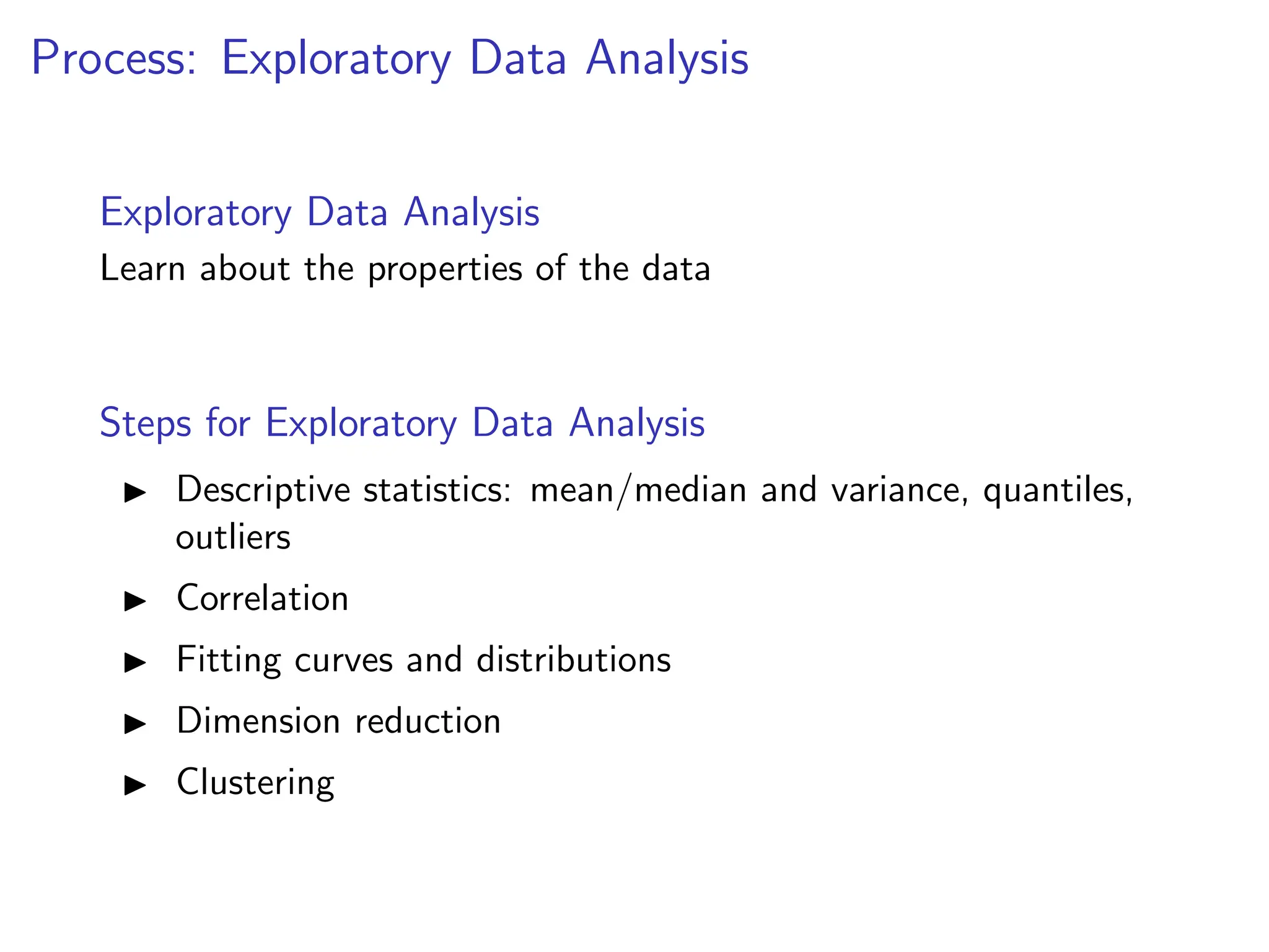 Process: Exploratory Data Analysis
Exploratory Data Analysis
Learn about the properties of the data
Steps for Exploratory Data Analysis
I Descriptive statistics: mean/median and variance, quantiles,
outliers
I Correlation
I Fitting curves and distributions
I Dimension reduction
I Clustering
 