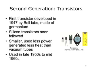 Second Generation: Transistors
• First transistor developed in
1947 by Bell labs, made of
germanium
• Silicon transistors soon
followed
• Smaller, used less power,
generated less heat than
vacuum tubes
• Used in late 1950s to mid
1960s
Transistors.
(Honina, nd. CC BY-SA 3.0)
21
 