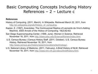 Basic Computing Concepts Including History
References – 2 – Lecture c
References
History of Computing. (2011, March). In Wikipedia. Retrieved March 22, 2011, from
http://en.wikipedia.org/wiki/History_of_computing.
Kaplan, E. (1997). Anecdotes: The Controversial Replica of Leonardo da Vinci’s Adding
Machine. IEEE Annals of the History of Computing. 19(2):62-63.
San Diego Supercomputing Center. (1999, June). Women in Science. Retrieved
November 18, 2011, from http://www.sdsc.edu/ScienceWomen/index.html.
U.S. Census Bureau | Census History Staff. (2011, October). U.S. Census Bureau
History. Retrieved November 18, 2011, from
http://www.census.gov/history/www/innovations/technology/.
U.S. National Library of Medicine. (2011, February). A Brief History of NLM. Retrieved
November 18, 2011, from http://www.nlm.nih.gov/about/briefhistory.html.
31
 