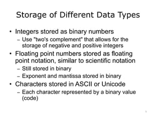 Storage of Different Data Types
• Integers stored as binary numbers
– Use "two's complement" that allows for the
storage of negative and positive integers
• Floating point numbers stored as floating
point notation, similar to scientific notation
– Still stored in binary
– Exponent and mantissa stored in binary
• Characters stored in ASCII or Unicode
– Each character represented by a binary value
(code)
5
 