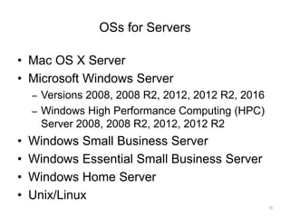 OSs for Servers
• Mac OS X Server
• Microsoft Windows Server
– Versions 2008, 2008 R2, 2012, 2012 R2, 2016
– Windows High Performance Computing (HPC)
Server 2008, 2008 R2, 2012, 2012 R2
• Windows Small Business Server
• Windows Essential Small Business Server
• Windows Home Server
• Unix/Linux
15
 