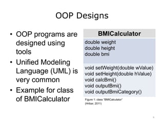 OOP Designs
• OOP programs are
designed using
tools
• Unified Modeling
Language (UML) is
very common
• Example for class
of BMICalculator Figure 1: class “BMICalculator”
(Hribar, 2011)
9
 
