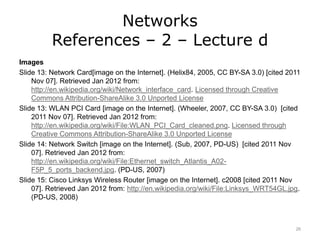 Networks
References – 2 – Lecture d
Images
Slide 13: Network Card[image on the Internet]. (Helix84, 2005, CC BY-SA 3.0) [cited 2011
Nov 07]. Retrieved Jan 2012 from:
http://en.wikipedia.org/wiki/Network_interface_card. Licensed through Creative
Commons Attribution-ShareAlike 3.0 Unported License
Slide 13: WLAN PCI Card [image on the Internet]. (Wheeler, 2007, CC BY-SA 3.0) [cited
2011 Nov 07]. Retrieved Jan 2012 from:
http://en.wikipedia.org/wiki/File:WLAN_PCI_Card_cleaned.png. Licensed through
Creative Commons Attribution-ShareAlike 3.0 Unported License
Slide 14: Network Switch [image on the Internet]. (Sub, 2007, PD-US) [cited 2011 Nov
07]. Retrieved Jan 2012 from:
http://en.wikipedia.org/wiki/File:Ethernet_switch_Atlantis_A02-
F5P_5_ports_backend.jpg. (PD-US, 2007)
Slide 15: Cisco Linksys Wireless Router [image on the Internet]. c2008 [cited 2011 Nov
07]. Retrieved Jan 2012 from: http://en.wikipedia.org/wiki/File:Linksys_WRT54GL.jpg.
(PD-US, 2008)
26
 