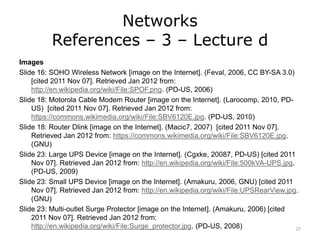 Networks
References – 3 – Lecture d
Images
Slide 16: SOHO Wireless Network [image on the Internet]. (Feval, 2006, CC BY-SA 3.0)
[cited 2011 Nov 07]. Retrieved Jan 2012 from:
http://en.wikipedia.org/wiki/File:SPOF.png. (PD-US, 2006)
Slide 18: Motorola Cable Modem Router [image on the Internet]. (Larocomp, 2010, PD-
US) [cited 2011 Nov 07]. Retrieved Jan 2012 from:
https://commons.wikimedia.org/wiki/File:SBV6120E.jpg. (PD-US, 2010)
Slide 18: Router Dlink [image on the Internet]. (Macic7, 2007) [cited 2011 Nov 07].
Retrieved Jan 2012 from: https://commons.wikimedia.org/wiki/File:SBV6120E.jpg.
(GNU)
Slide 23: Large UPS Device [image on the Internet]. (Cgxke, 20087, PD-US) [cited 2011
Nov 07]. Retrieved Jan 2012 from: http://en.wikipedia.org/wiki/File:500kVA-UPS.jpg.
(PD-US, 2009)
Slide 23: Small UPS Device [image on the Internet]. (Amakuru, 2006, GNU) [cited 2011
Nov 07]. Retrieved Jan 2012 from: http://en.wikipedia.org/wiki/File:UPSRearView.jpg.
(GNU)
Slide 23: Multi-outlet Surge Protector [image on the Internet]. (Amakuru, 2006) [cited
2011 Nov 07]. Retrieved Jan 2012 from:
http://en.wikipedia.org/wiki/File:Surge_protector.jpg. (PD-US, 2008) 27
 
