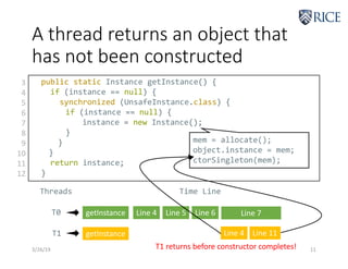 A thread returns an object that
has not been constructed
3/26/19 11
public static Instance getInstance() {
if (instance == null) {
synchronized (UnsafeInstance.class) {
if (instance == null) {
instance = new Instance();
}
}
}
return instance;
}
3
4
5
6
7
8
9
10
11
12
Threads
T0
T1
Line 4
Line 4
Line 5
Line 11
Line 6
getInstance
getInstance
Time Line
Line 7
mem = allocate();
object.instance = mem;
ctorSingleton(mem);
T1 returns before constructor completes!
 