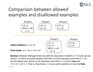 Comparison between allowed
examples and disallowed examples
3/26/19 42
r1 = x
if (r1 == 0)
x = 1
Thread 1
1
2
3
r2 = x
y = r2
Thread 2
r3 = y
x = r3
Thread 3
4
5
6
7
Initial conditions: a = b = 0
Final results: r1 == r2 == r3 == 2?
Decision: Allowed. Although there are some SC executions in which r1 != r2 (L3), we can
hoist b = 2 (L4) to an earlier position and there is an SC execution such that r1 == r2.
For the above case, there’s no SC execution such that r1 == 0 (L2) is true and
r1 == r2 == r3 == 1. That is, if we hoist x = 1 to an earlier position, L2 must be false.
r1 = a
r2 = a
if (r1 == r2)
b = 2
r3 = b
a = r3
Thread 1 Thread 2
1
2
3
4
1
2
1
2
3
1
2
 