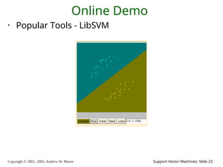 Copyright © 2001, 2003, Andrew W. Moore Support Vector Machines: Slide 23
Online Demo
• Popular Tools - LibSVM
 