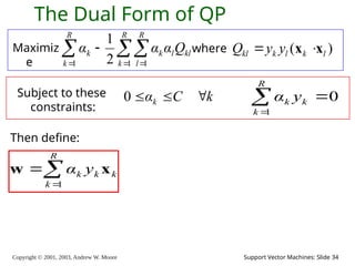Copyright © 2001, 2003, Andrew W. Moore Support Vector Machines: Slide 34
The Dual Form of QP
Maximiz
e

  


R
k
R
l
kl
l
k
R
k
k Q
α
α
α
1 1
1 2
1
where ( )
kl k l k l
Q y y
 
x x
Subject to these
constraints:
k
C
αk 


0
Then define:



R
k
k
k
k y
α
1
x
w
0
1



R
k
k
k y
α
 