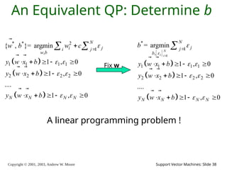 Copyright © 2001, 2003, Andrew W. Moore Support Vector Machines: Slide 38
An Equivalent QP: Determine b
A linear programming problem !
 
 
 
* * 2
1
,
1 1 1 1
2 2 2 2
{ , }= argmin
1 , 0
1 , 0
....
1 , 0
N
i j
i j
w b
N N N N
w b w c
y w x b
y w x b
y w x b

 
 
 


    
    
    
 


 
 
 
 
 
 
 
1
*
1
,
1 1 1 1
2 2 2 2
= argmin
1 , 0
1 , 0
....
1 , 0
N
i i
N
j
j
b
N N N N
b
y w x b
y w x b
y w x b


 
 
 


    
    
    

 
 
 
Fix w
 