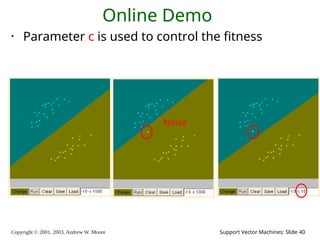 Copyright © 2001, 2003, Andrew W. Moore Support Vector Machines: Slide 40
Online Demo
• Parameter c is used to control the fitness
Noise
 