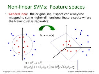Copyright © 2001, 2003, Andrew W. Moore Support Vector Machines: Slide 48
Non-linear SVMs: Feature spaces
• General idea: the original input space can always be
mapped to some higher-dimensional feature space where
the training set is separable:
Φ: x → φ(x)
 