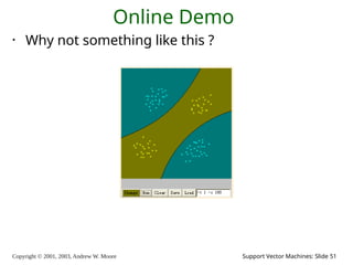 Copyright © 2001, 2003, Andrew W. Moore Support Vector Machines: Slide 51
Online Demo
• Why not something like this ?
 