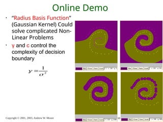 Copyright © 2001, 2003, Andrew W. Moore Support Vector Machines: Slide 58
Online Demo
• “Radius Basis Function”
(Gaussian Kernel) Could
solve complicated Non-
Linear Problems
• γ and c control the
complexity of decision
boundary
2
1

 
 