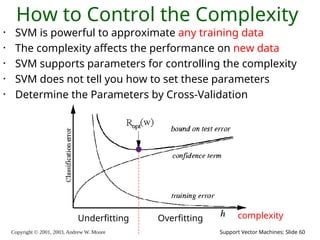 Copyright © 2001, 2003, Andrew W. Moore Support Vector Machines: Slide 60
How to Control the Complexity
• SVM is powerful to approximate any training data
• The complexity affects the performance on new data
• SVM supports parameters for controlling the complexity
• SVM does not tell you how to set these parameters
• Determine the Parameters by Cross-Validation
Underfitting Overfitting complexity
 