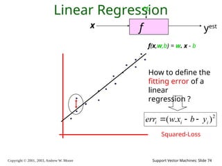 Copyright © 2001, 2003, Andrew W. Moore Support Vector Machines: Slide 74
Linear Regression
f
x

yest
f(x,w,b) = w. x - b
How to define the
fitting error of a
linear
regression ?
2
)
.
( i
i
i y
b
x
w
err 


Squared-Loss
 
