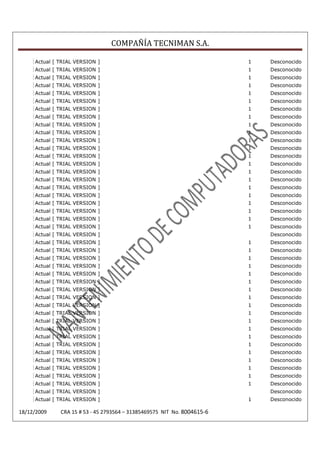 COMPAÑÍA TECNIMAN S.A.

     Actual [ TRIAL VERSION ]                                            1   Desconocido
     Actual [ TRIAL VERSION ]                                            1   Desconocido
     Actual [ TRIAL VERSION ]                                            1   Desconocido
     Actual [ TRIAL VERSION ]                                            1   Desconocido
     Actual [ TRIAL VERSION ]                                            1   Desconocido
     Actual [ TRIAL VERSION ]                                            1   Desconocido
     Actual [ TRIAL VERSION ]                                            1   Desconocido
     Actual [ TRIAL VERSION ]                                            1   Desconocido
     Actual [ TRIAL VERSION ]                                            1   Desconocido
     Actual [ TRIAL VERSION ]                                            1   Desconocido
     Actual [ TRIAL VERSION ]                                            1   Desconocido
     Actual [ TRIAL VERSION ]                                            1   Desconocido
     Actual [ TRIAL VERSION ]                                            1   Desconocido
     Actual [ TRIAL VERSION ]                                            1   Desconocido
     Actual [ TRIAL VERSION ]                                            1   Desconocido
     Actual [ TRIAL VERSION ]                                            1   Desconocido
     Actual [ TRIAL VERSION ]                                            1   Desconocido
     Actual [ TRIAL VERSION ]                                            1   Desconocido
     Actual [ TRIAL VERSION ]                                            1   Desconocido
     Actual [ TRIAL VERSION ]                                            1   Desconocido
     Actual [ TRIAL VERSION ]                                            1   Desconocido
     Actual [ TRIAL VERSION ]                                            1   Desconocido
     Actual [ TRIAL VERSION ]                                                Desconocido
     Actual [ TRIAL VERSION ]                                            1   Desconocido
     Actual [ TRIAL VERSION ]                                            1   Desconocido
     Actual [ TRIAL VERSION ]                                            1   Desconocido
     Actual [ TRIAL VERSION ]                                            1   Desconocido
     Actual [ TRIAL VERSION ]                                            1   Desconocido
     Actual [ TRIAL VERSION ]                                            1   Desconocido
     Actual [ TRIAL VERSION ]                                            1   Desconocido
     Actual [ TRIAL VERSION ]                                            1   Desconocido
     Actual [ TRIAL VERSION ]                                            1   Desconocido
     Actual [ TRIAL VERSION ]                                            1   Desconocido
     Actual [ TRIAL VERSION ]                                            1   Desconocido
     Actual [ TRIAL VERSION ]                                            1   Desconocido
     Actual [ TRIAL VERSION ]                                            1   Desconocido
     Actual [ TRIAL VERSION ]                                            1   Desconocido
     Actual [ TRIAL VERSION ]                                            1   Desconocido
     Actual [ TRIAL VERSION ]                                            1   Desconocido
     Actual [ TRIAL VERSION ]                                            1   Desconocido
     Actual [ TRIAL VERSION ]                                            1   Desconocido
     Actual [ TRIAL VERSION ]                                            1   Desconocido
     Actual [ TRIAL VERSION ]                                                Desconocido
     Actual [ TRIAL VERSION ]                                            1   Desconocido

18/12/2009    CRA 15 # 53 - 45 2793564 – 31385469575 NIT No. 8004615-6
 