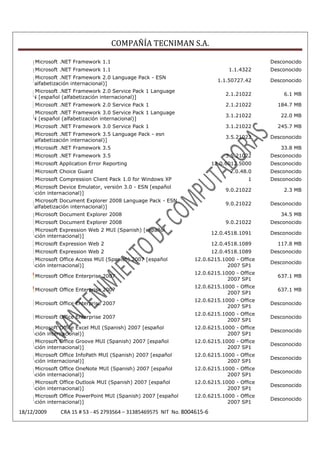 COMPAÑÍA TECNIMAN S.A.

          Microsoft .NET Framework 1.1                                                          Desconocido
          Microsoft .NET Framework 1.1                                               1.1.4322   Desconocido
          Microsoft .NET Framework 2.0 Language Pack - ESN
                                                                                 1.1.50727.42   Desconocido
[español (alfabetización internacional)]
         Microsoft .NET Framework 2.0 Service Pack 1 Language
                                                                                    2.1.21022       6.1 MB
      ESN [español (alfabetización internacional)]
          Microsoft .NET Framework 2.0 Service Pack 1                               2.1.21022     184.7 MB
         Microsoft .NET Framework 3.0 Service Pack 1 Language
                                                                                    3.1.21022      22.0 MB
      ESN [español (alfabetización internacional)]
          Microsoft .NET Framework 3.0 Service Pack 1                               3.1.21022     245.7 MB
          Microsoft .NET Framework 3.5 Language Pack - esn
                                                                                    3.5.21022   Desconocido
[español (alfabetización internacional)]
          Microsoft .NET Framework 3.5                                                             33.8 MB
          Microsoft .NET Framework 3.5                                              3.5.21022   Desconocido
          Microsoft Application Error Reporting                                12.0.6012.5000   Desconocido
          Microsoft Choice Guard                                                     2.0.48.0   Desconocido
          Microsoft Compression Client Pack 1.0 for Windows XP                             1    Desconocido
           Microsoft Device Emulator, versión 3.0 - ESN [español
                                                                                    9.0.21022       2.3 MB
(alfabetización internacional)]
          Microsoft Document Explorer 2008 Language Pack - ESN
                                                                                    9.0.21022   Desconocido
[español (alfabetización internacional)]
          Microsoft Document Explorer 2008                                                         34.5 MB
          Microsoft Document Explorer 2008                                          9.0.21022   Desconocido
           Microsoft Expression Web 2 MUI (Spanish) [español
                                                                               12.0.4518.1091   Desconocido
(alfabetización internacional)]
          Microsoft Expression Web 2                                           12.0.4518.1089     117.8 MB
          Microsoft Expression Web 2                                           12.0.4518.1089   Desconocido
           Microsoft Office Access MUI (Spanish) 2007 [español        12.0.6215.1000 - Office
                                                                                                Desconocido
(alfabetización internacional)]                                                   2007 SP1
                                                                      12.0.6215.1000 - Office
          Microsoft Office Enterprise 2007                                                        637.1 MB
                                                                                  2007 SP1
                                                                      12.0.6215.1000 - Office
          Microsoft Office Enterprise 2007                                                        637.1 MB
                                                                                  2007 SP1
                                                                      12.0.6215.1000 - Office
          Microsoft Office Enterprise 2007                                                      Desconocido
                                                                                  2007 SP1
                                                                      12.0.6215.1000 - Office
          Microsoft Office Enterprise 2007                                                      Desconocido
                                                                                  2007 SP1
           Microsoft Office Excel MUI (Spanish) 2007 [español         12.0.6215.1000 - Office
                                                                                                Desconocido
(alfabetización internacional)]                                                   2007 SP1
           Microsoft Office Groove MUI (Spanish) 2007 [español        12.0.6215.1000 - Office
                                                                                                Desconocido
(alfabetización internacional)]                                                   2007 SP1
           Microsoft Office InfoPath MUI (Spanish) 2007 [español      12.0.6215.1000 - Office
                                                                                                Desconocido
(alfabetización internacional)]                                                   2007 SP1
           Microsoft Office OneNote MUI (Spanish) 2007 [español       12.0.6215.1000 - Office
                                                                                                Desconocido
(alfabetización internacional)]                                                   2007 SP1
           Microsoft Office Outlook MUI (Spanish) 2007 [español       12.0.6215.1000 - Office
                                                                                                Desconocido
(alfabetización internacional)]                                                   2007 SP1
           Microsoft Office PowerPoint MUI (Spanish) 2007 [español    12.0.6215.1000 - Office
                                                                                                Desconocido
(alfabetización internacional)]                                                   2007 SP1

   18/12/2009       CRA 15 # 53 - 45 2793564 – 31385469575 NIT No. 8004615-6
 