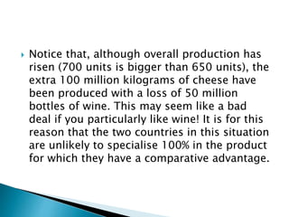  Notice that, although overall production has
risen (700 units is bigger than 650 units), the
extra 100 million kilograms of cheese have
been produced with a loss of 50 million
bottles of wine. This may seem like a bad
deal if you particularly like wine! It is for this
reason that the two countries in this situation
are unlikely to specialise 100% in the product
for which they have a comparative advantage.
 