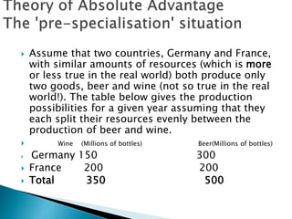  Assume that two countries, Germany and France,
with similar amounts of resources (which is more
or less true in the real world) both produce only
two goods, beer and wine (not so true in the real
world!). The table below gives the production
possibilities for a given year assuming that they
each split their resources evenly between the
production of beer and wine.
 Wine (Millions of bottles) Beer(Millions of bottles)
 Germany 150 300
 France 200 200
 Total 350 500
 