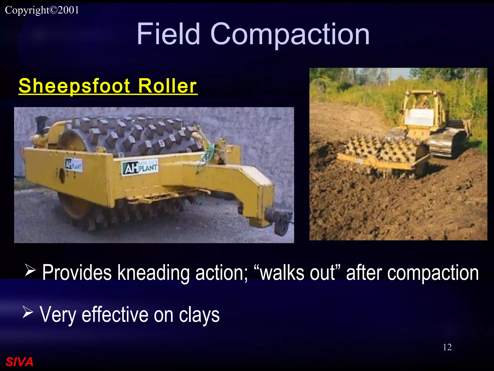 SIVA
Copyright©2001
12
Field Compaction
 Provides kneading action; “walks out” after compaction
Sheepsfoot Roller
 Very effective on clays
 
