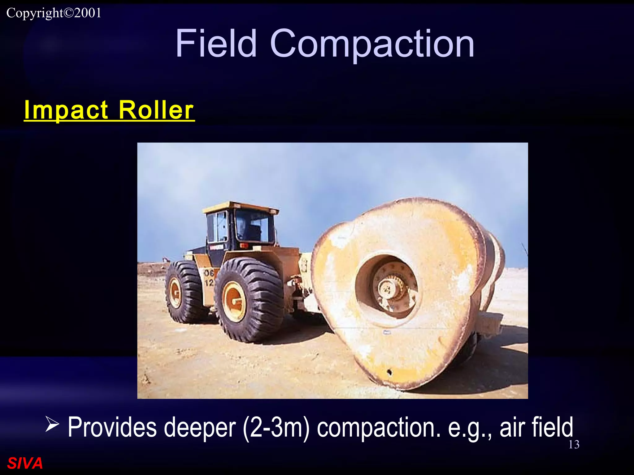SIVA
Copyright©2001
13
Field Compaction
 Provides deeper (2-3m) compaction. e.g., air field
Impact Roller
 