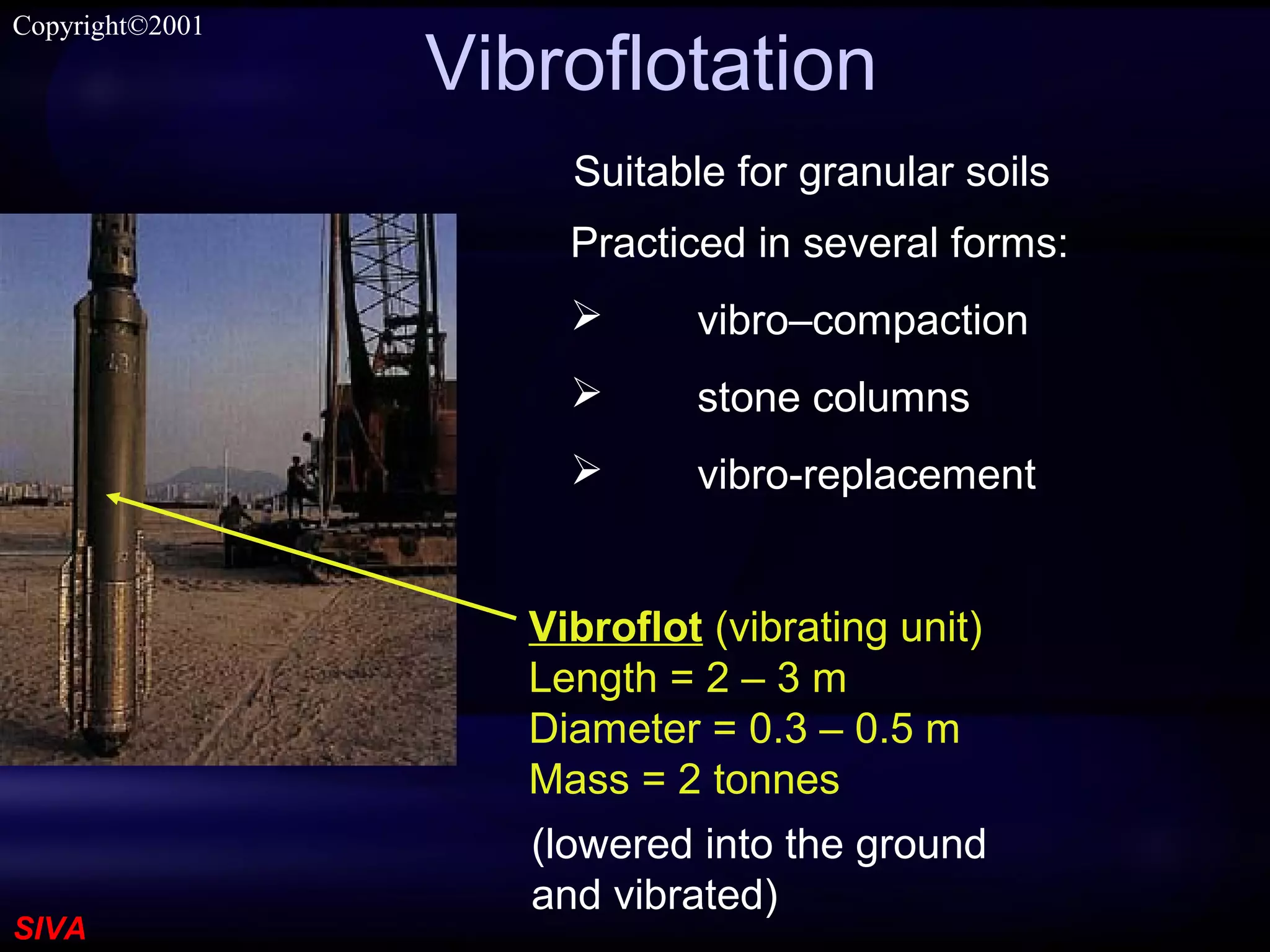SIVA
Copyright©2001
Vibroflotation
Vibroflot (vibrating unit)
Length = 2 – 3 m
Diameter = 0.3 – 0.5 m
Mass = 2 tonnes
Practiced in several forms:
 vibro–compaction
 stone columns
 vibro-replacement
Suitable for granular soils
(lowered into the ground
and vibrated)
 